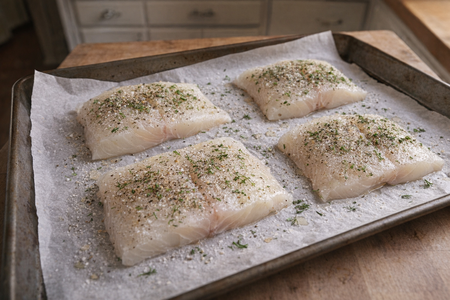 Halibut fillets, raw, laid out on parchment paper on a baking sheet, seasoned with salt, pepper, and herbs, ready for the oven, overhead shot